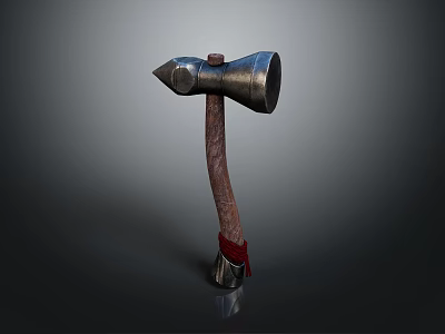 Medieval Battle Axe with Metal Head Wooden Handle and Red Strap 3d model