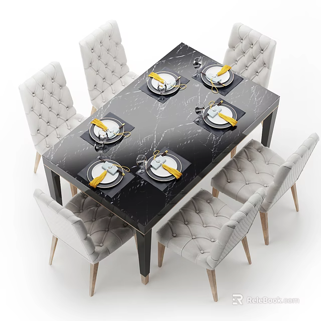 Black Marble Top Dining Table Set with White Upholstered Chairs and Place Settings 3d model 