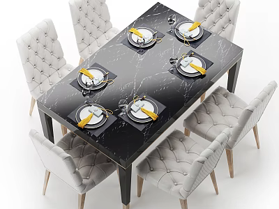 Black Marble Top Dining Table Set with White Upholstered Chairs and Place Settings 3d model