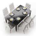 Black Marble Top Dining Table Set with White Upholstered Chairs and Place Settings 3d model