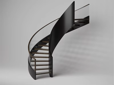 Modern Black Spiral Staircase With Glass Railing And Wooden Steps 3d model