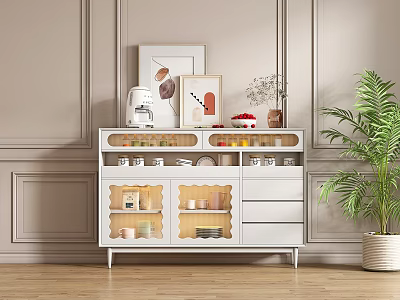 Stylish White Sideboard with Glass Doors Coffee Machine Decorative Frames and Potted Plant 3d model