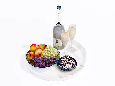 Fresh Mixed Fruits with Champagne Glasses and Chocolate on White Serving Tray 3d model