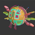 Futuristic Mechanical Creature Robotic Character With Spherical Design Vibrant Yellow Green Red Purple Tentacles