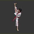 Young Boy In Taekwondo Uniform With Red Belt Striking High Kick Stance