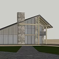 Single Family House Exterior Architecture With Stone Wood Structure Chimney Glass Windows And Garden