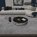 White Sofa And Round Marble Coffee Table Set With Blue Throw Pillows Blanket Fruit Books