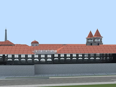 European Architecture Exterior With Red Tiled Roof Pointed Towers And Arched Windows 3d model