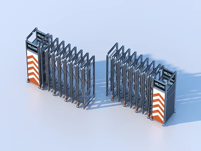 Automatic Retractable Security Gates With Metal Bars And Orange White Stripes 3d model