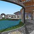Park Landscape with Water Pond Walkways Wooden Pavilion Circular Shade Structures and Green Lawns