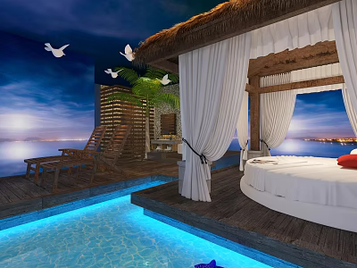 Luxurious Hotel Room with Thatch Roof White Curtains Round Bed and Seaside View Private Pool 3d model