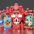 Chinese National Trend Themed Decor With Peking Opera Mask Red Balloons And Eastern Symbols