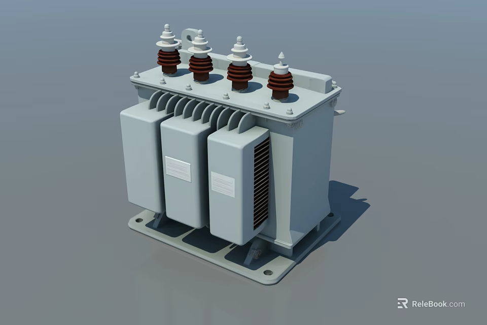 Industrial Three Phase Transformer With Insulated Bushings Cooling Fins And Gray Casing 3d model 