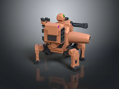 Orange Mechanical Four Legged Robot With Weapon System And Sensor Head 3d model