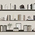 Organized Books and Magazines on Bookshelves with Decorative Vase Mugs and Sculpture