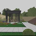 Courtyard Garden with Red Brick Cottage Green Lawn Stone Path Trees and Wall