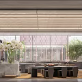Modern Exhibition Hall Interior Featuring Glass Curtain Wall Sofa Green Plant And Reflective Floor