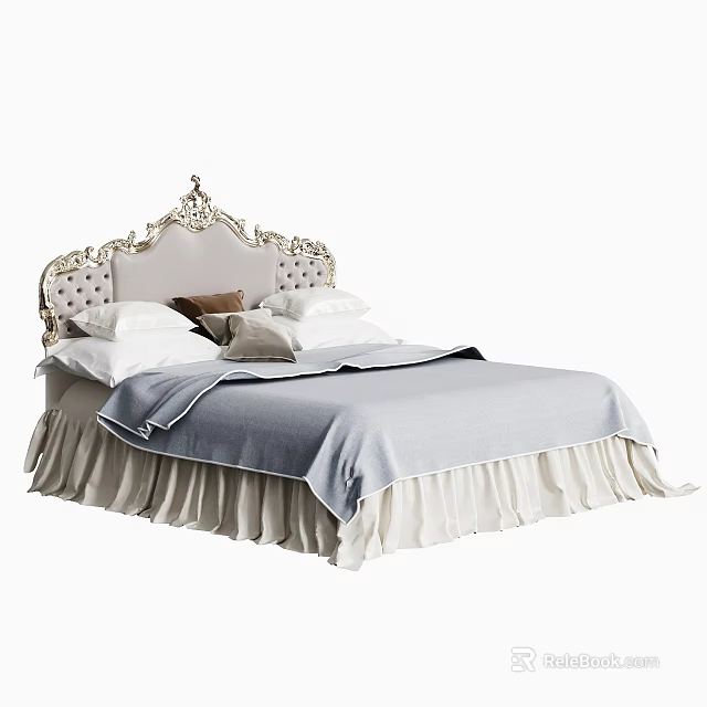 Elegant Double Bed With Ornate Upholstered Headboard Pillows Light Blue Blanket Ruffled White Bed Skirt 3d model 