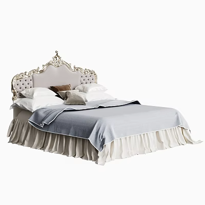 Elegant Double Bed With Ornate Upholstered Headboard Pillows Light Blue Blanket Ruffled White Bed Skirt 3d model