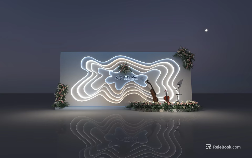 Elegant Photo Check-in Spot with Illuminated Curved Lines Floral Decorations and Reflective Backdrop 3d model 
