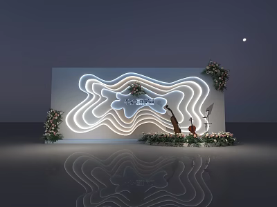Elegant Photo Check-in Spot with Illuminated Curved Lines Floral Decorations and Reflective Backdrop 3d model