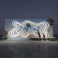 Elegant Photo Check-in Spot with Illuminated Curved Lines Floral Decorations and Reflective Backdrop