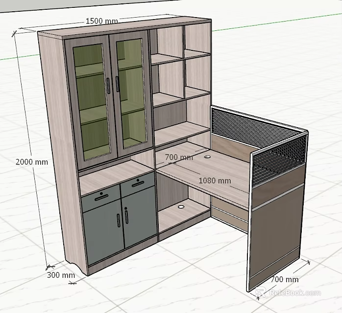 Modern Office Desk Design With Glass Door Cabinet Open Shelves And Storage 3d model 