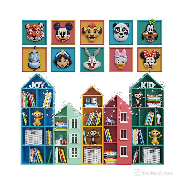 Colorful House Shaped Bookcases With JOY KID Labels Books Toy Decorations And Cartoon Animal Wall Art 3d model 