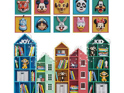 Colorful House Shaped Bookcases With JOY KID Labels Books Toy Decorations And Cartoon Animal Wall Art 3d model