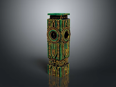 Green Gold Decorative Column With Intricate Geometric Patterns Two Circular Holes Gray Background Reflection 3d model