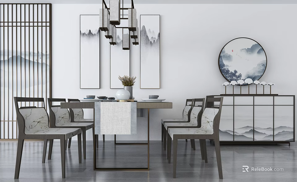 Chinese Style Dining Table Set With Scroll Paintings And Hanging Chandelier 3d model