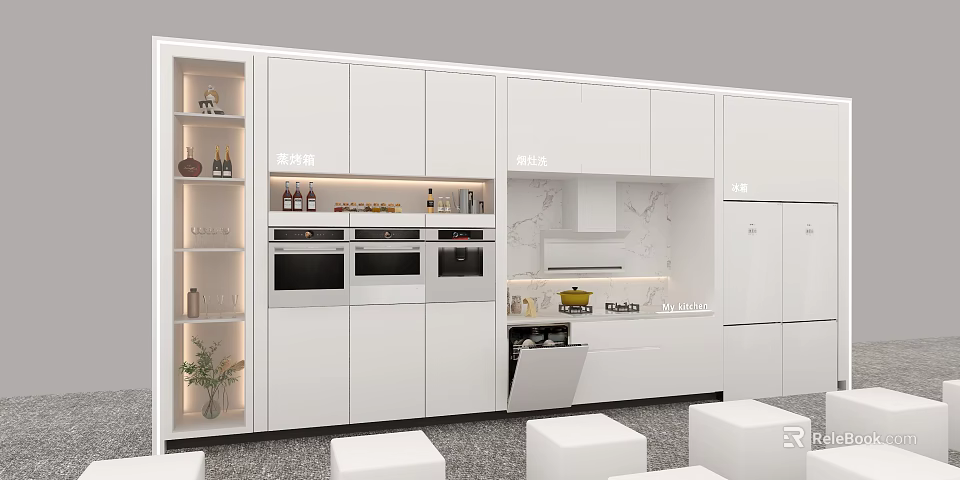 Modern Kitchen Interior With Built in Appliances White Cabinets And Marble Countertops 3d model 