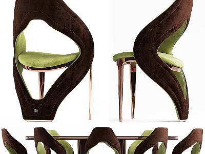 Modern Leisure Chair With Brown Green Curved Backrest Unique Shape And Metal Legs Design 3d model