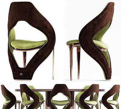 Modern Leisure Chair With Brown Green Curved Backrest Unique Shape And Metal Legs Design 3d model