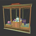 Wooden Display Cabinet With Glass Doors And Various Pottery Items