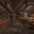 Traditional Chinese Restaurant Interior With Wooden Bar Lanterns And Dining Tables