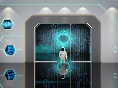 Futuristic Astronaut Standing Before Tech Door With Circuit Board Patterns And Blue Hexagons 3d model
