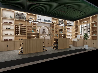 Tea Specialty Store Interior With Wooden Display Shelves Tea Sets And Decorative Plants 3d model