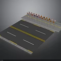 Detailed Road Model With Yellow White Lane Markings And Traffic Signs