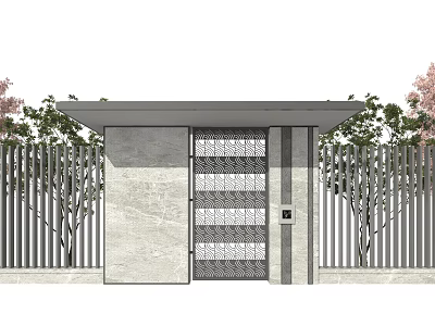 Modern Entrance Gate Design With Marble Pillars Metal Grille Vertical Fence And Pink Trees 3d model