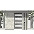 Modern Entrance Gate Design With Marble Pillars Metal Grille Vertical Fence And Pink Trees