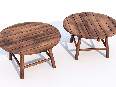 Set of Two Round Wooden Tables With Striped Top And Cross Leg Design 3d model