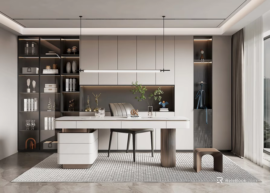 Modern Study Room Interior Design With Built in Bookshelves Wooden Desk And Pendant Lights 3d model 