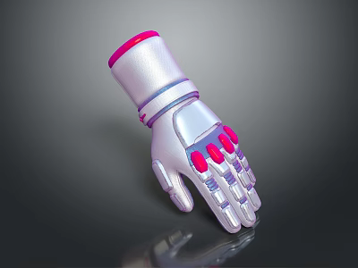 Futuristic Mechanical Glove Design With Silver Body And Pink Finger Accents 3d model