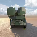 Camouflage Green Military Vehicle With Missile Launch System And Multiple Wheels On Desert Terrain