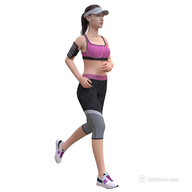 Woman Running in Pink Sports Bra Black Tight Pants with Knee Support and Armband 3d model 