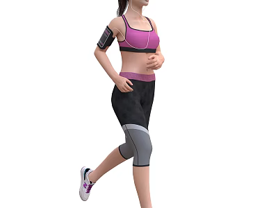 Woman Running in Pink Sports Bra Black Tight Pants with Knee Support and Armband 3d model