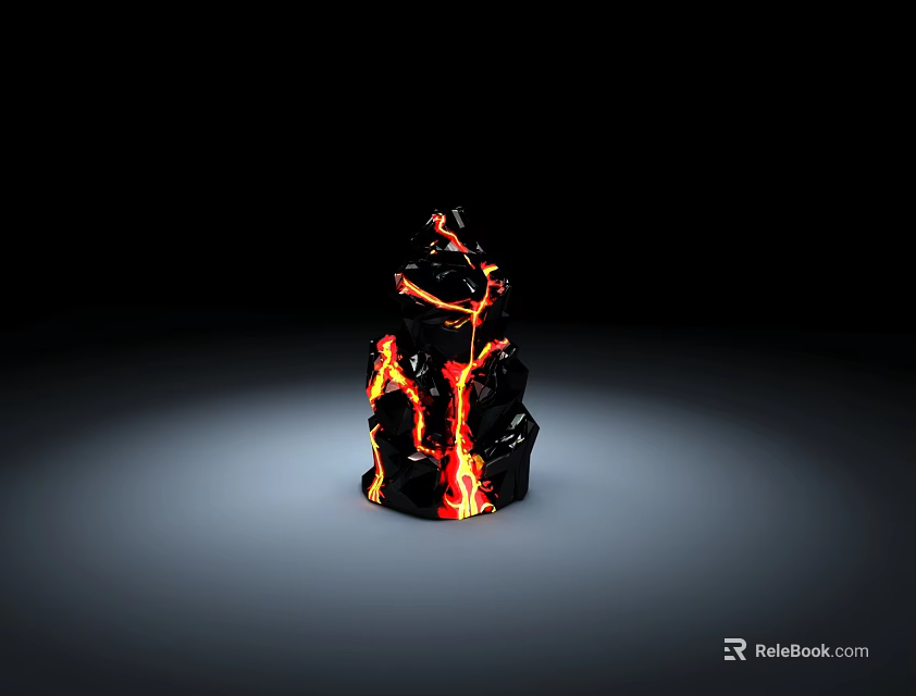 Stone And Wood Structure With Burning Flame Textures Illuminated On Black Background 3d model 