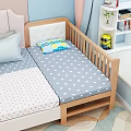 Wooden Kids Bed with Gray Polka Dot Mattress Blue Pillow and Yellow Step in Room