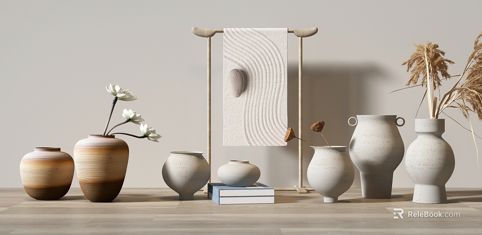Natural Style Ceramic Vessels In Various Shapes On Wooden Table With Books And Flowers 3d model 